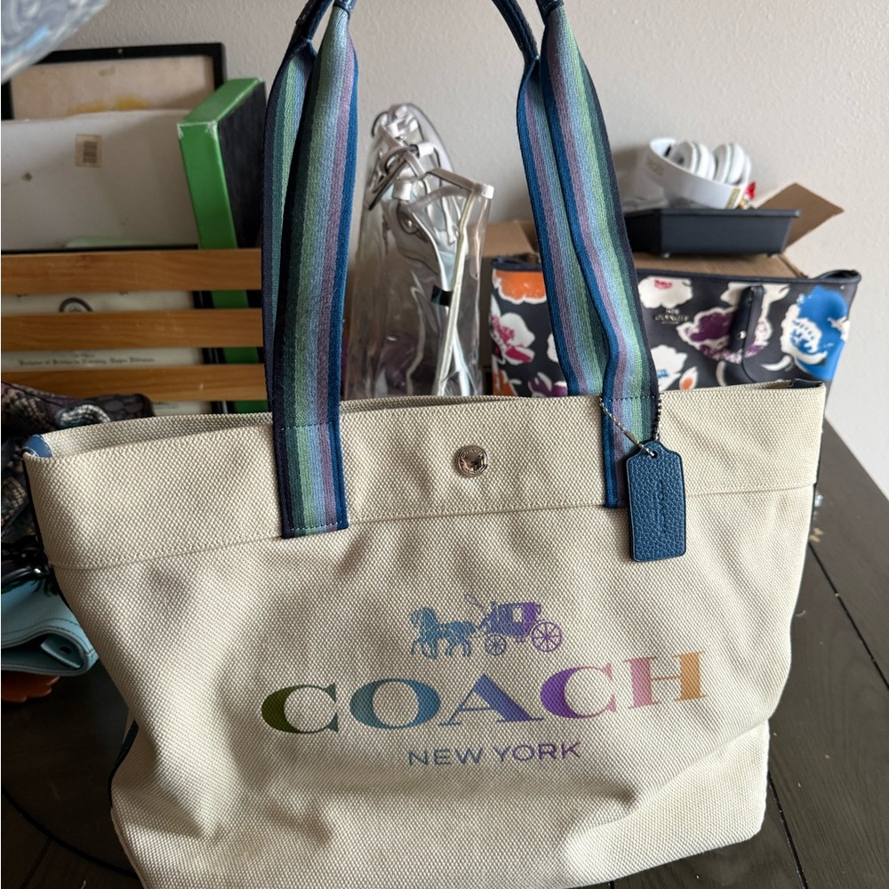 Coach Cream and Blue Tote Bag with Leather Trim